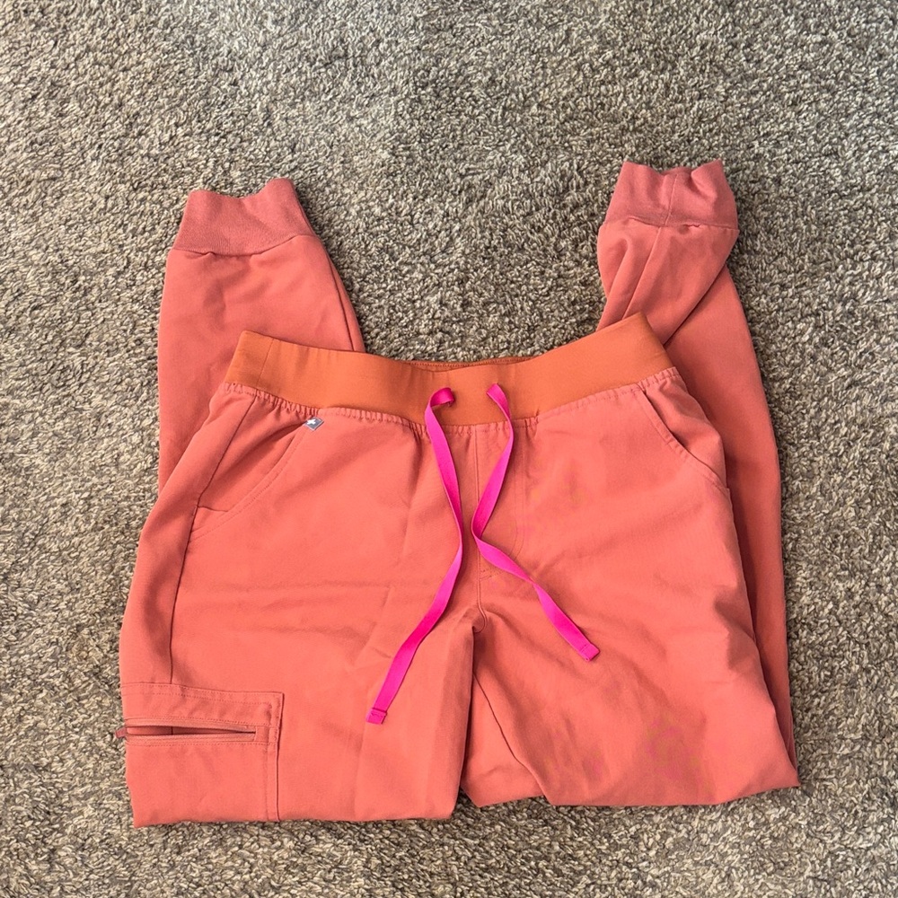 Figs Coral Orange Jogger Scrub Pants with Pink Drawstring